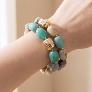 Chunk Marble Resin And Metallic Beads Bracelet Set