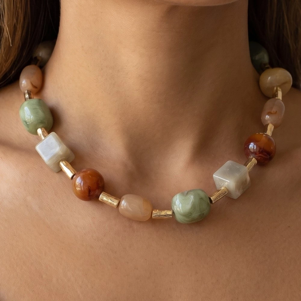 Resin Stones And Metallic Accent Beaded Necklace