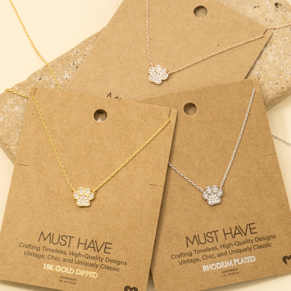Gold Dipped CZ Pave Dog Paw Pendant Necklace