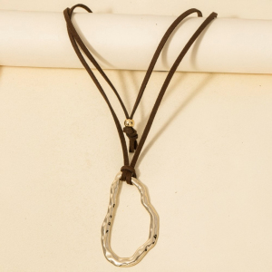 Hammered Warped Oval Suede Cord Necklace