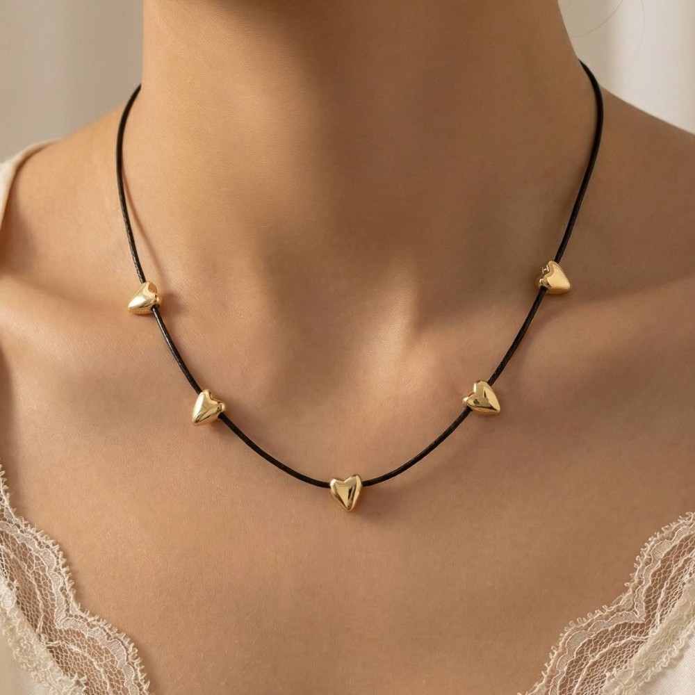 Multi Heart Station Charms Cord Necklace