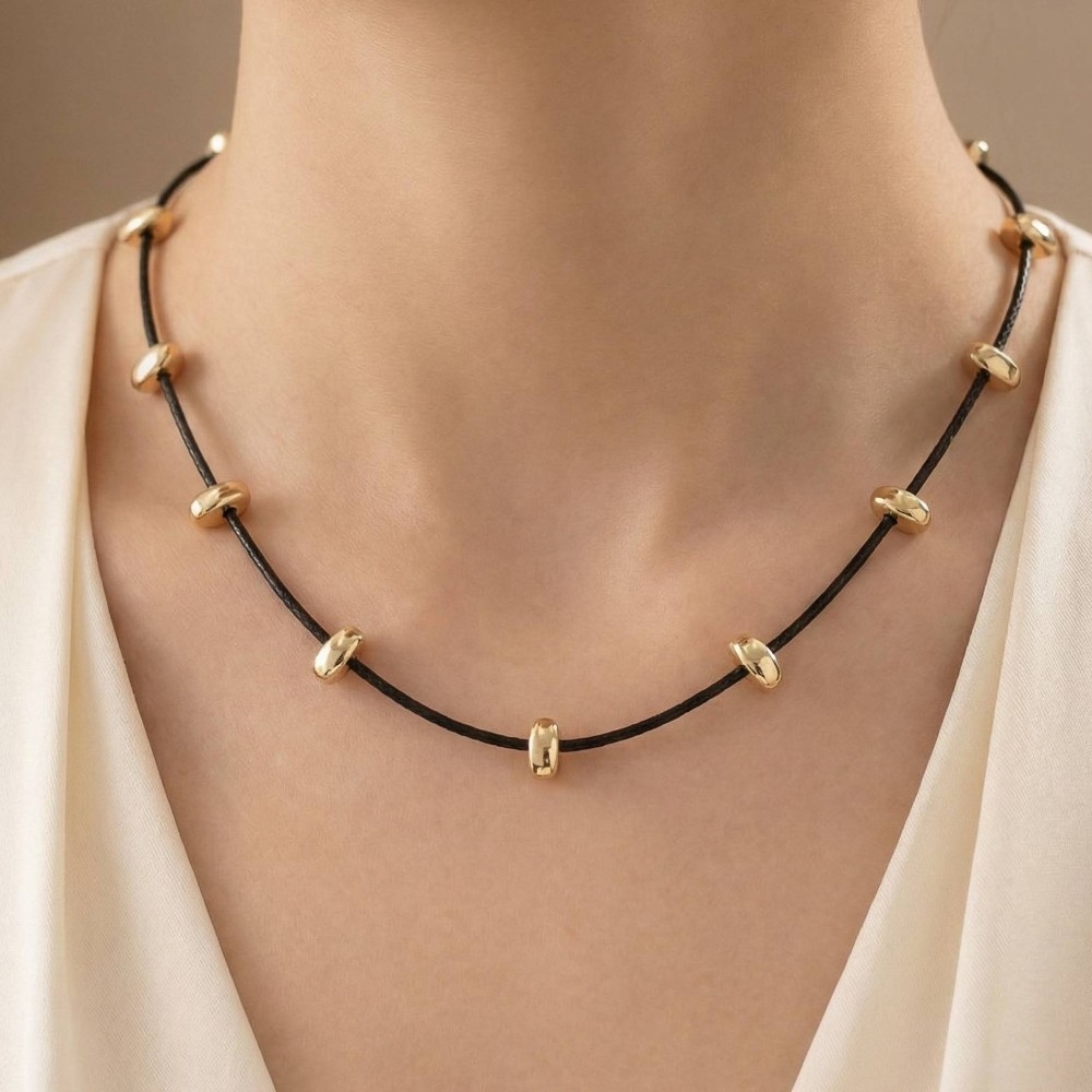 Abstract Oval Metallic Charms Cord Necklace