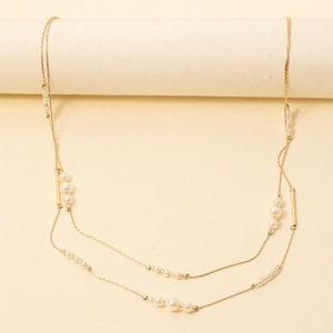 Pearl Beaded Rows Layered Dainty Chains Necklace