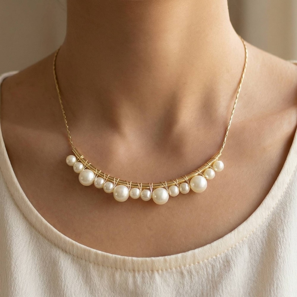Pearl Beaded Bar Dainty Chain Necklace
