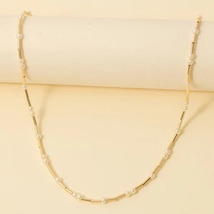 Metallic Tube And Pearl Beads Chain Necklace