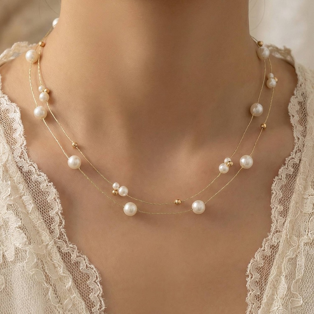 Mixed Pearl Beads Dainty Station Chain Necklace