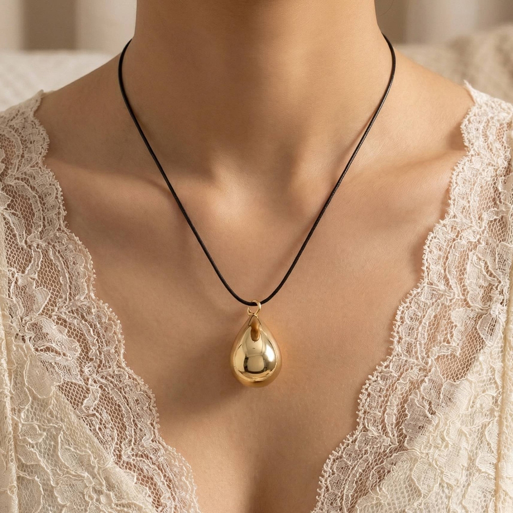 Round Metallic Tear Pendant Dainty Cord Necklace
