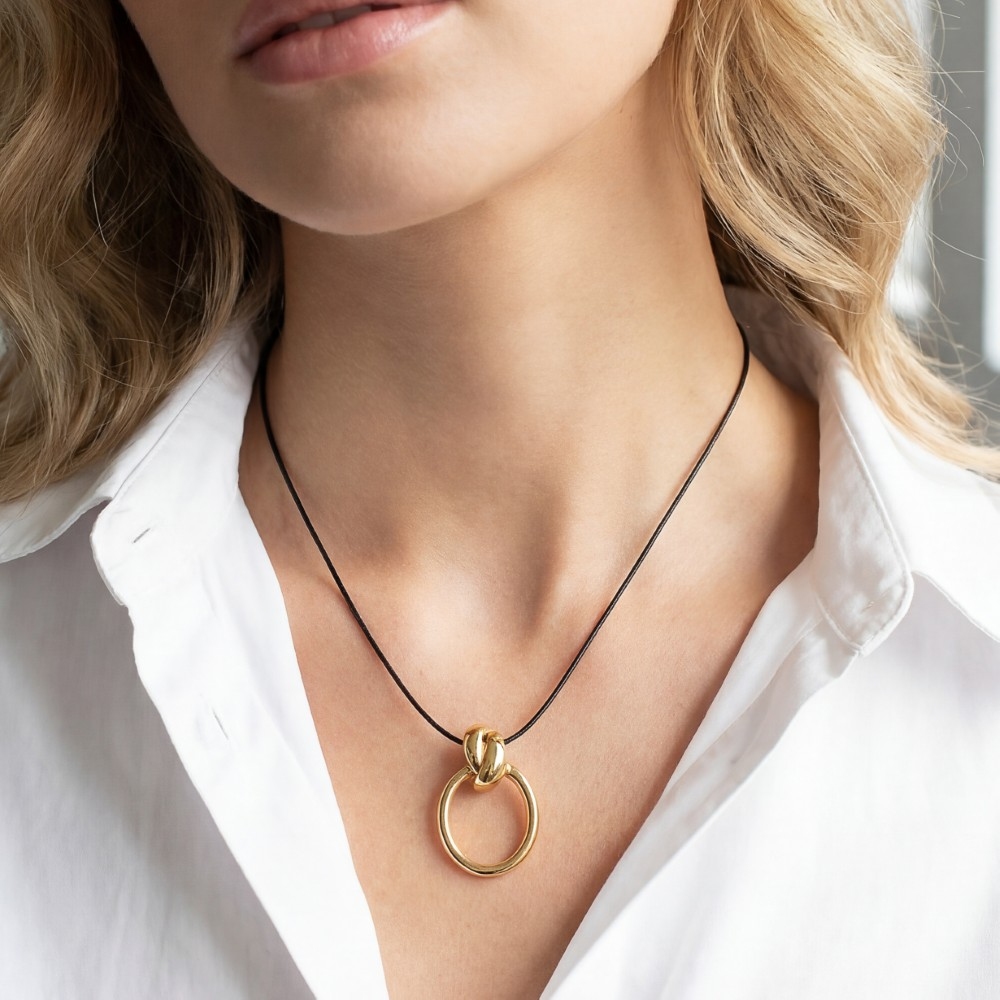 Metallic Oval Hoop Pendant Dainty Cord Necklace