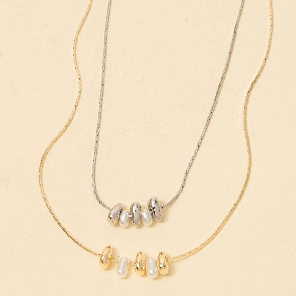 Dainty Chain Metallic Bead And Pearl Charms Necklace