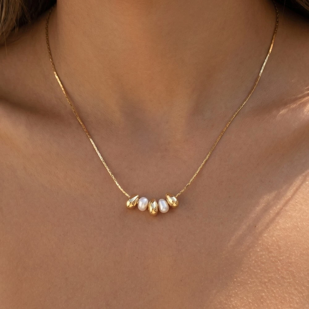 Dainty Chain Metallic Bead And Pearl Charms Necklace