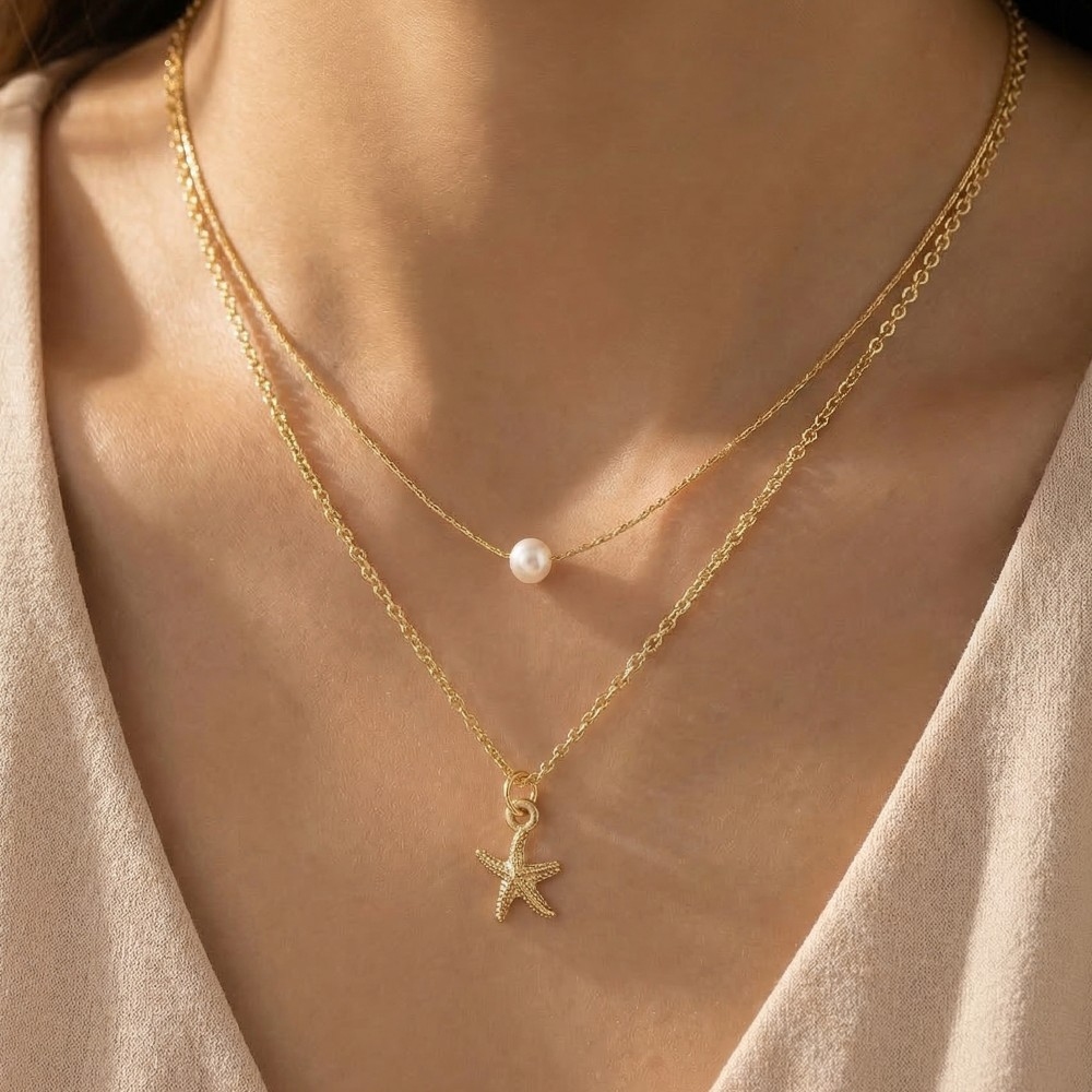 Sea Life Starfish Pearl Bead Charms Layered Necklace