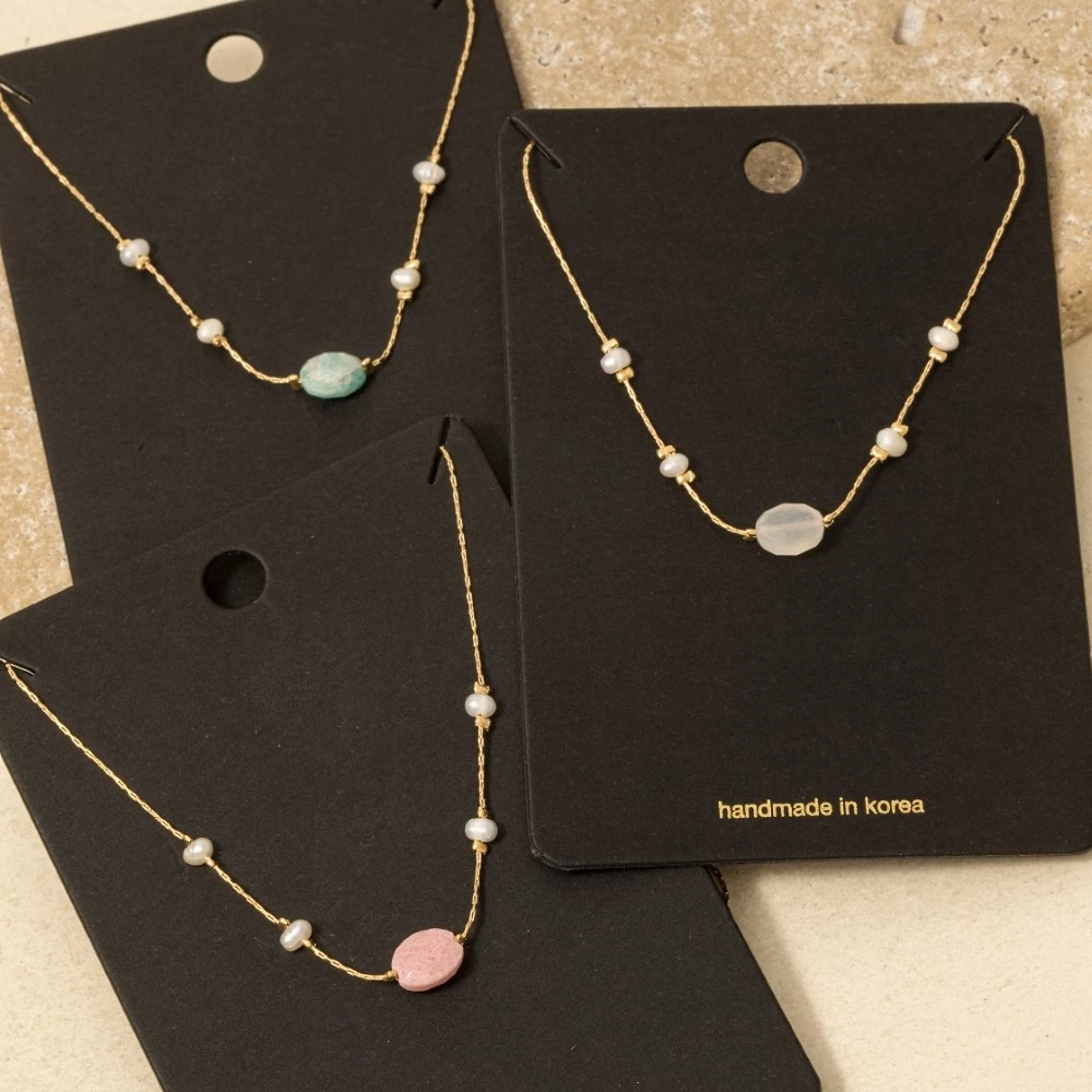 Oval Stone Pearl Station Bead Necklace