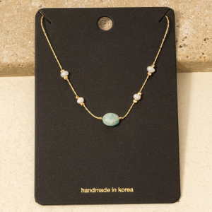 Oval Stone Pearl Station Bead Necklace