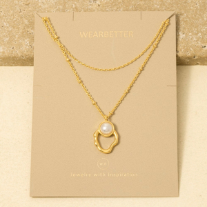 Chain Layered Pearl Stud Oval Pendant Necklace