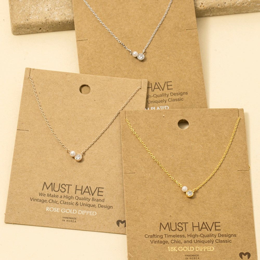 Mini Pearl And Cz Stud Charm Necklace