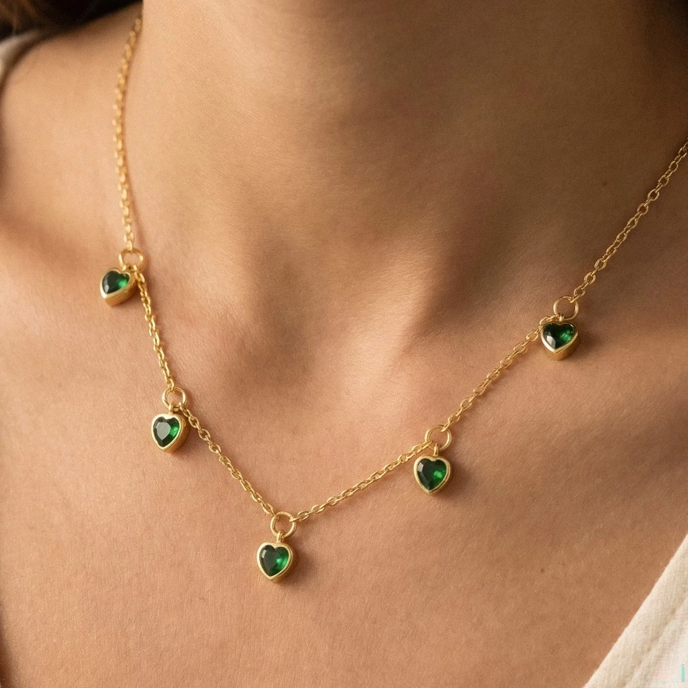 Gold Dipped Cz Heart Station Necklace
