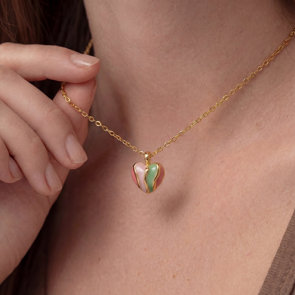Gold Dipped Rainbow Enamel Heart Pendant Necklace