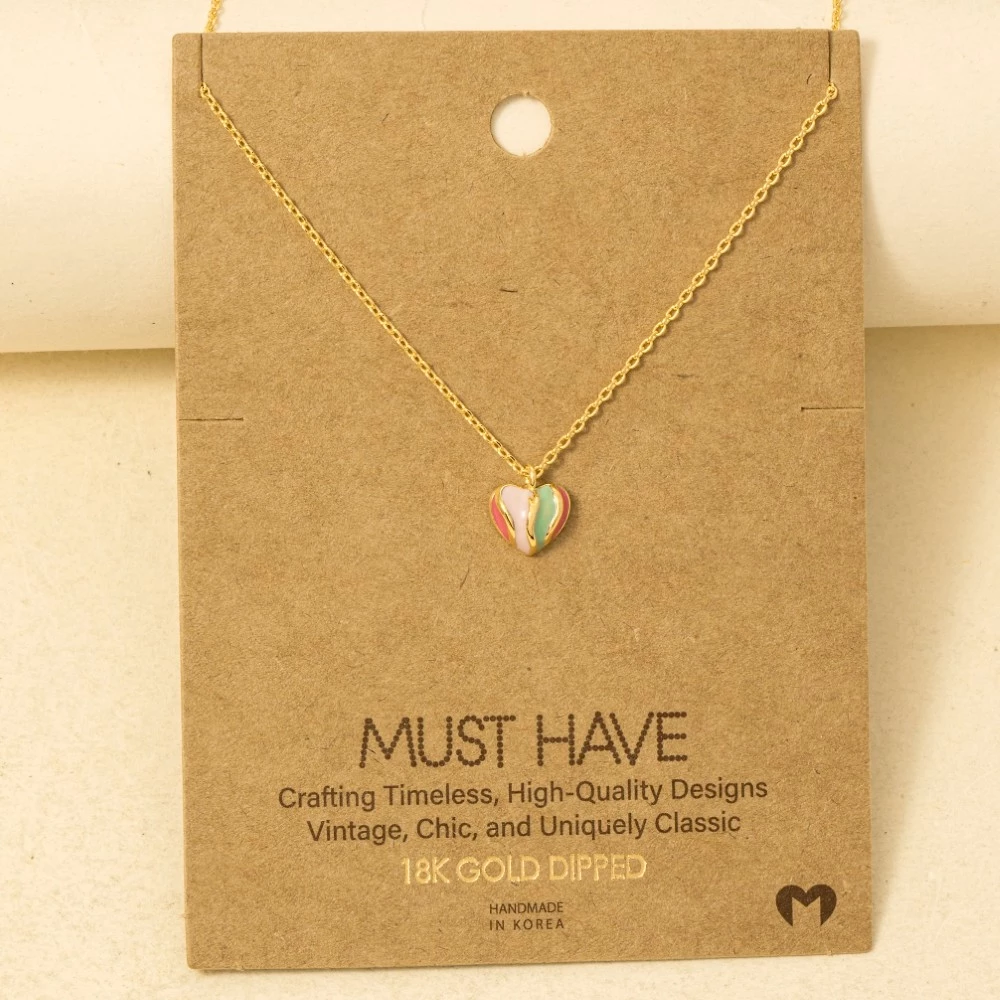 Gold Dipped Rainbow Enamel Heart Pendant Necklace