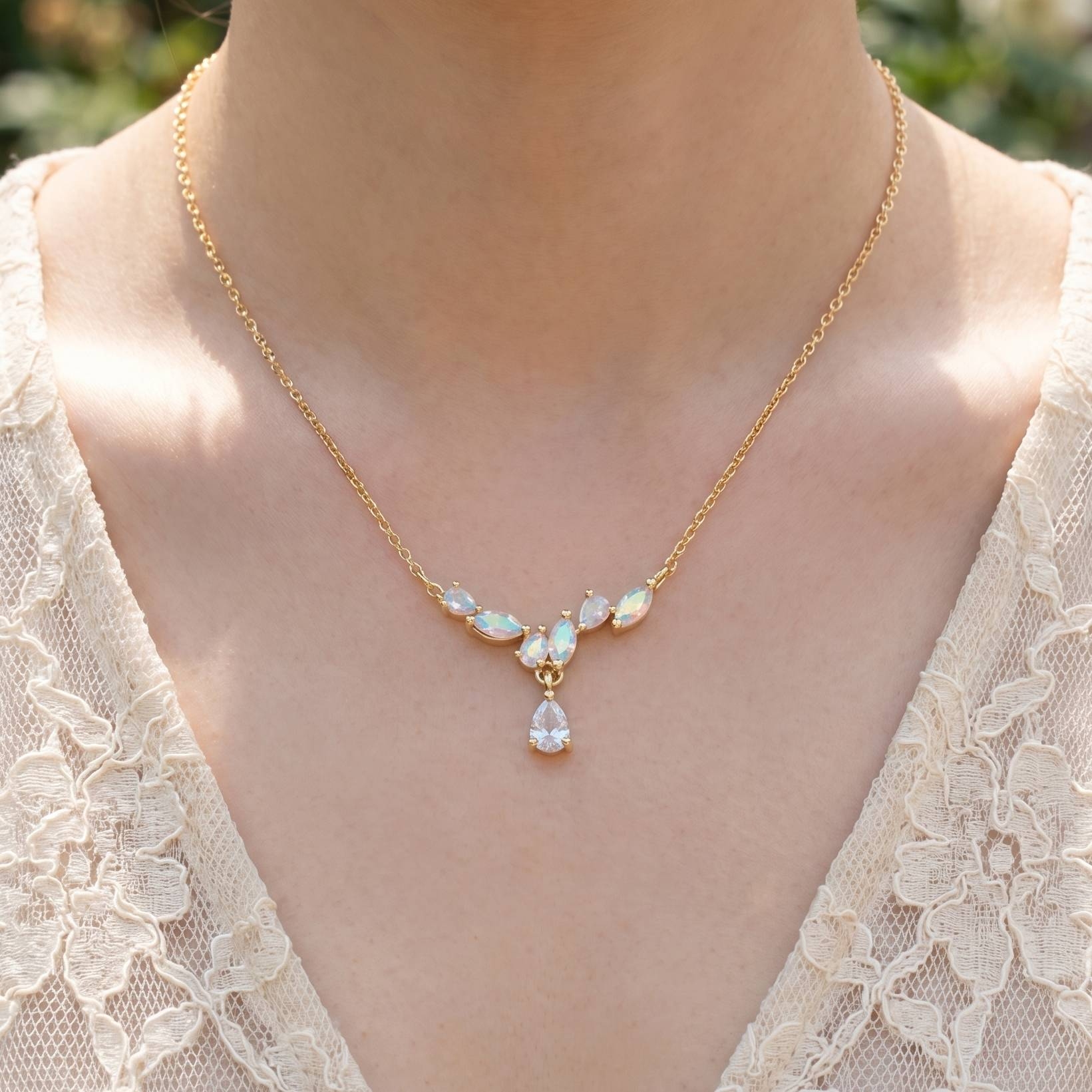 Cz Leaf Teardrop Charm Necklace