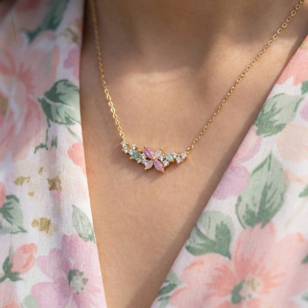Cz Studs Flower Charm Necklace