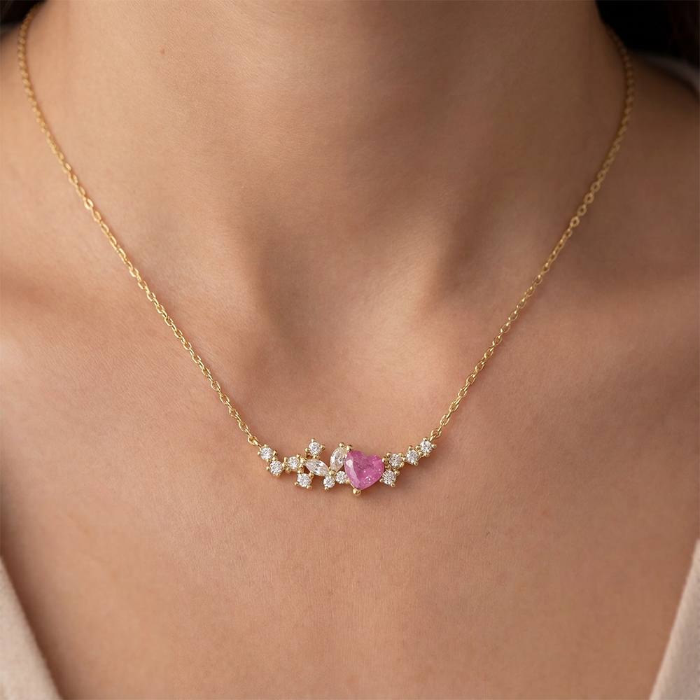 Floral Cz Heart Charm Necklace