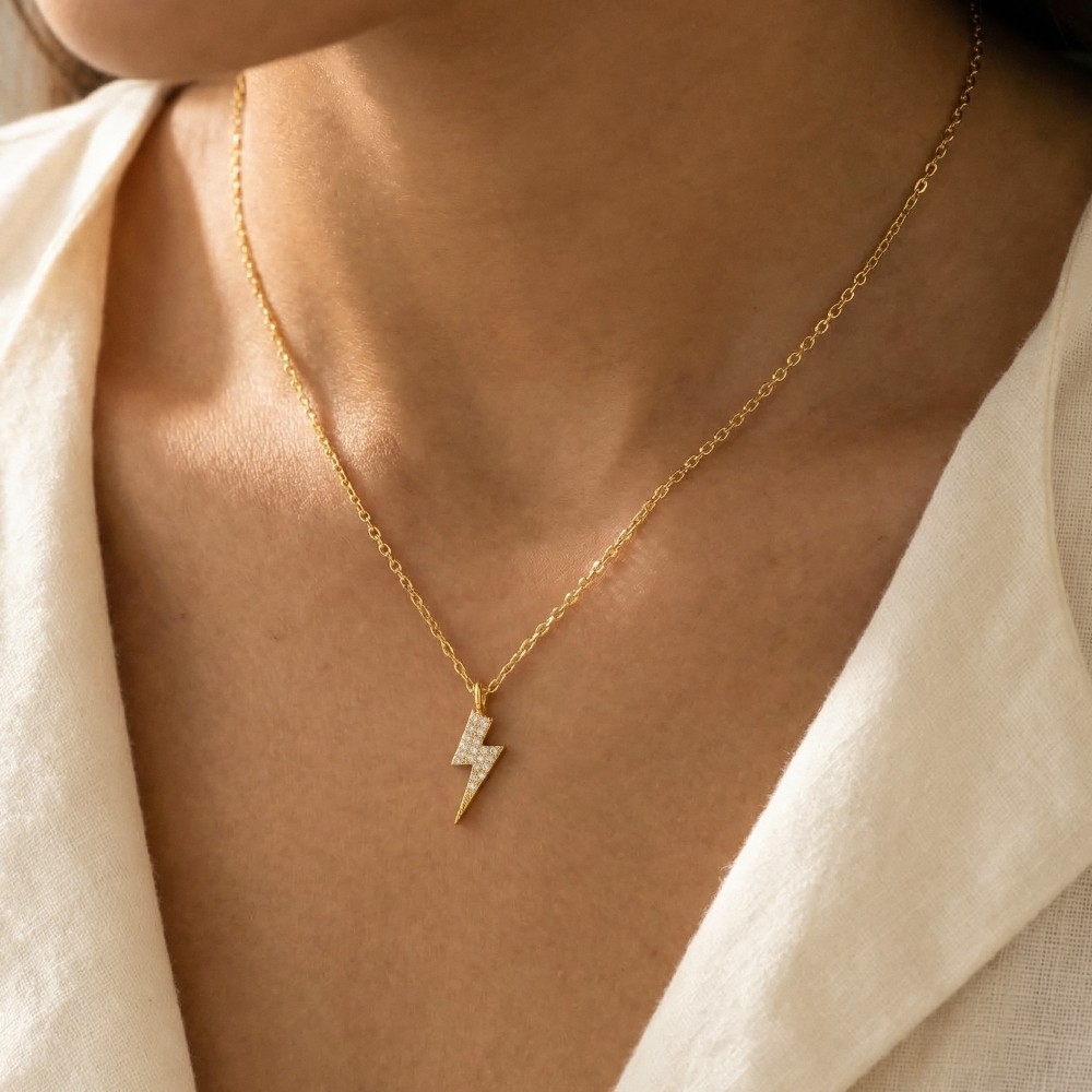 Gold Dipped Cz Lightning Bolt Necklace