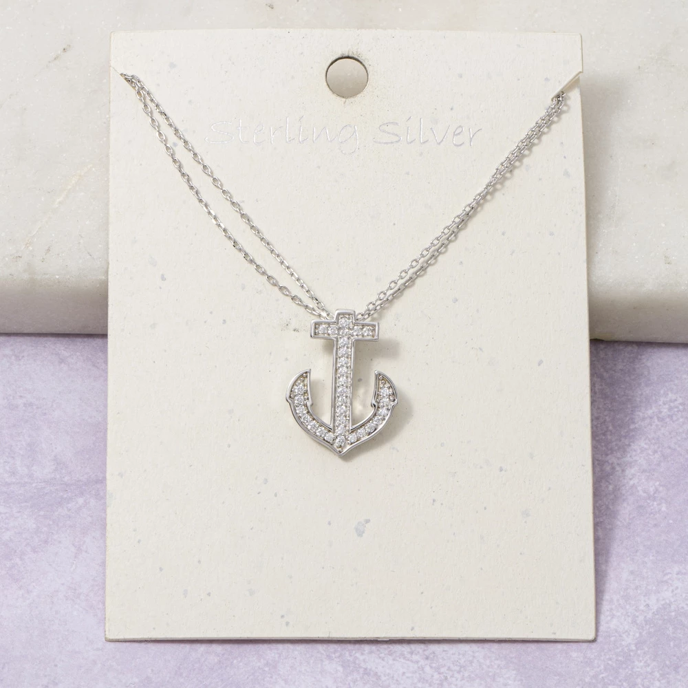 Sterling Silver Pave Cz Anchor Pendant Necklace