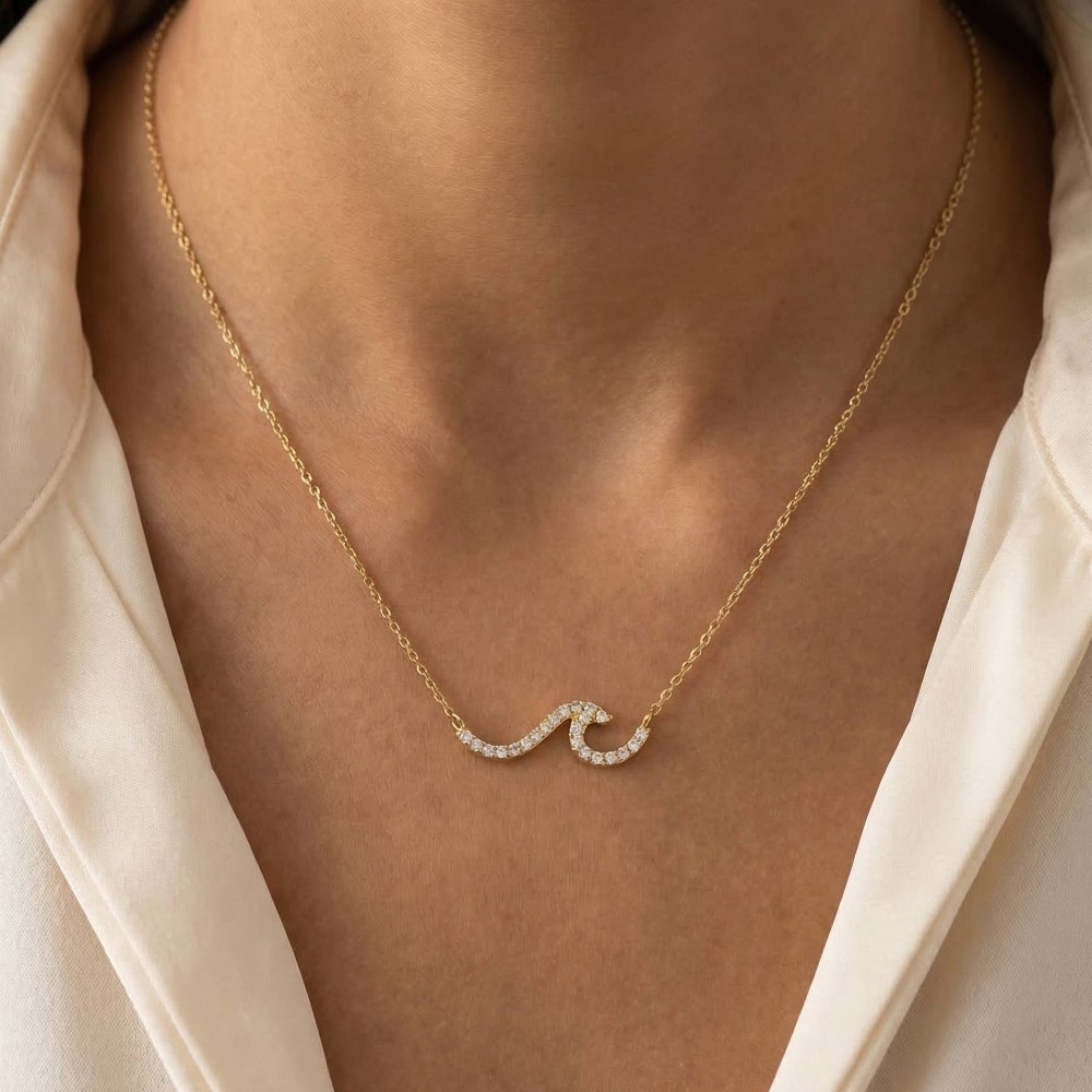 Gold Dipped Pave Wave Pendant Necklace