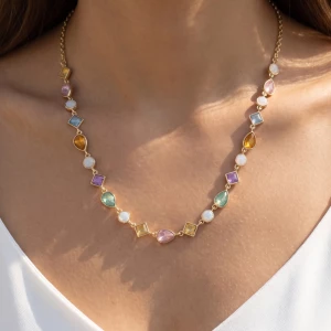 Bezel Set Stone Station Chain Necklace