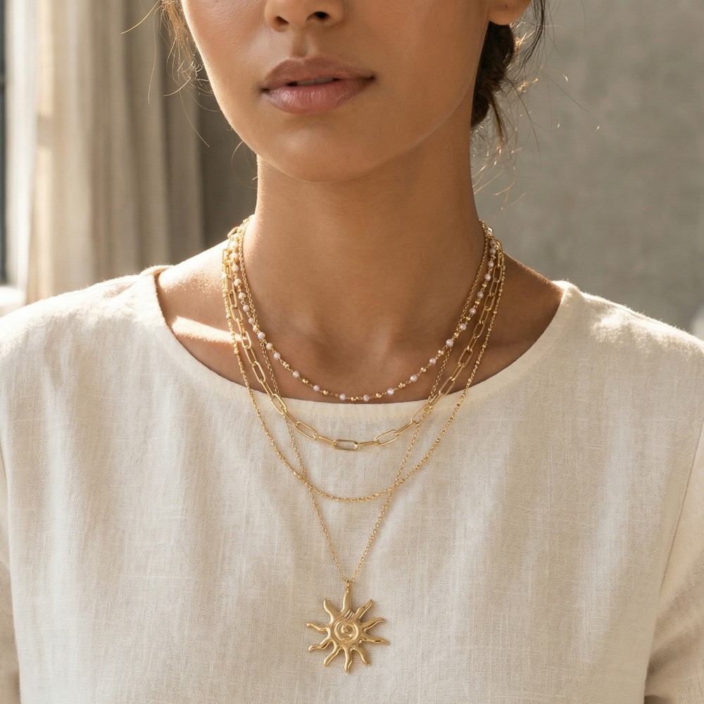 Spiral Sun Pendant Mixed Layered Chains Necklace