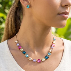 Square Cut Glass Crystal Station Necklace Set