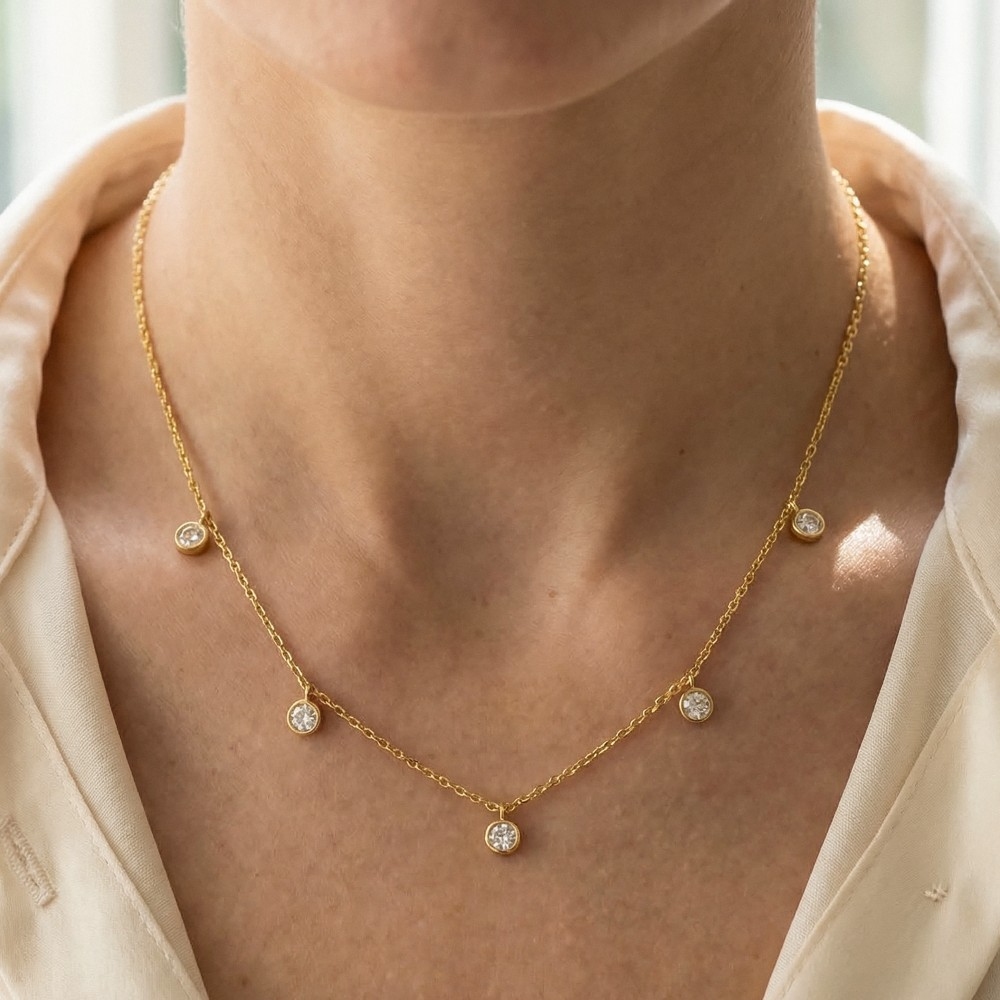 Gold Dipped Rhinestone Drop Station Necklace