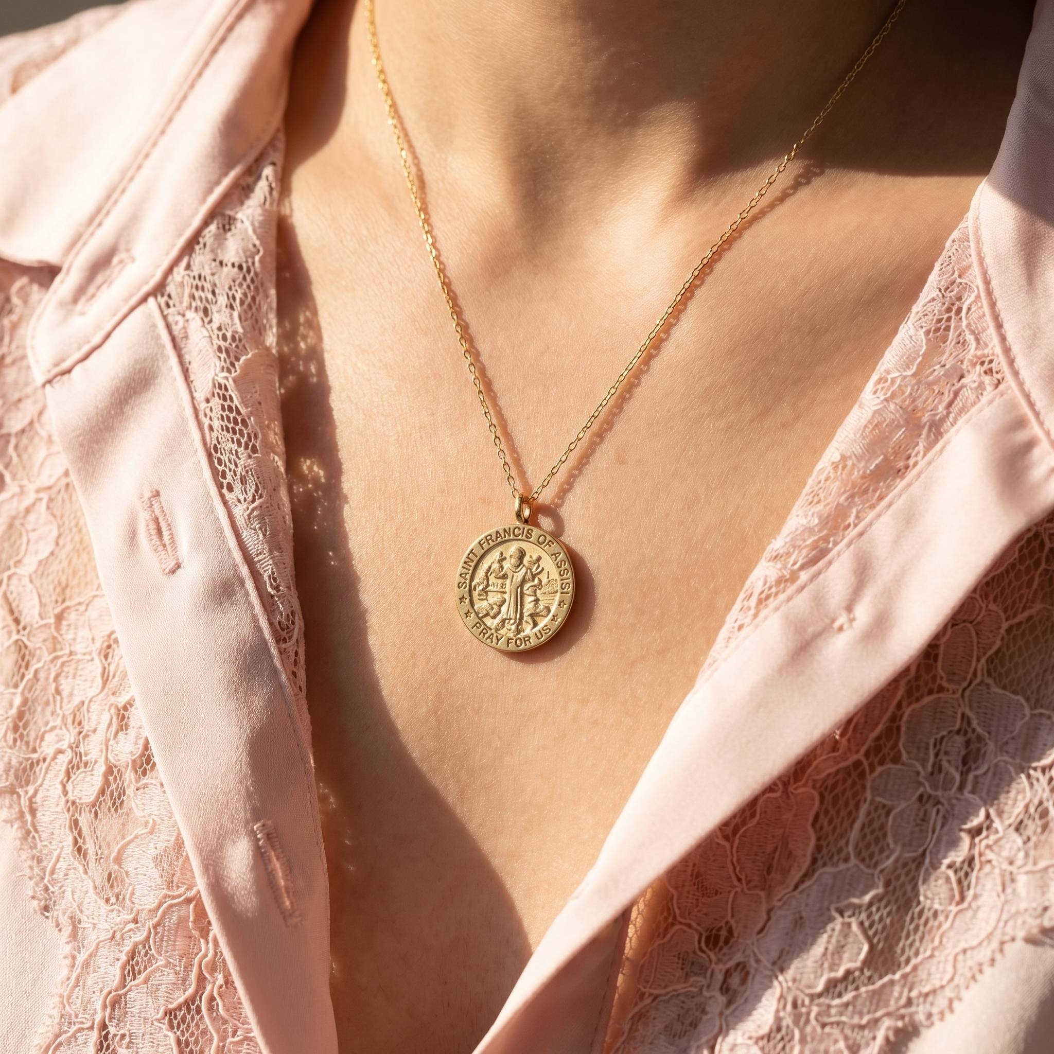 Gold Dipped St Francis Coin Pendant Necklace