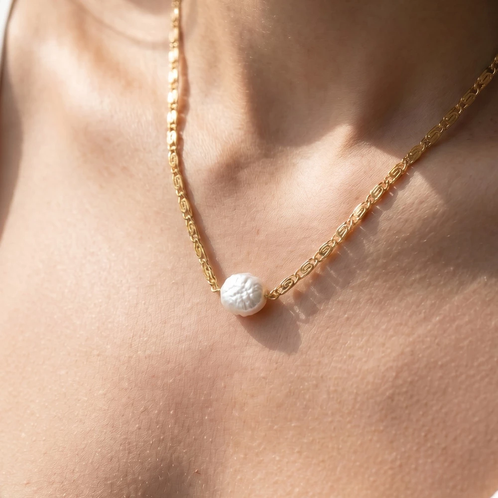 Freshwater Pearl Coin Pendant Bar Chain Necklace