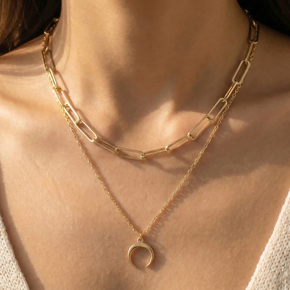 Layered Chain Link Crescent Moon Charm Necklace