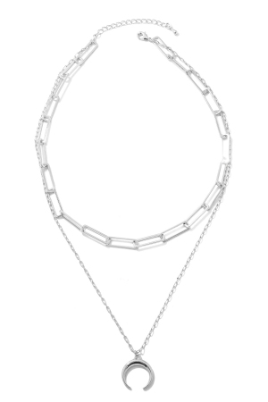 Layered Chain Link Crescent Moon Charm Necklace