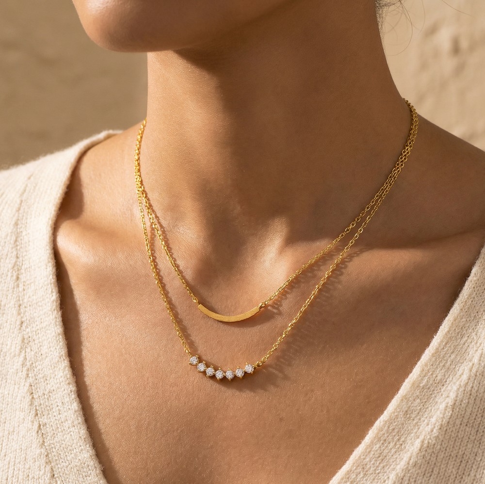 Layered Rhinestone Curved Bar Necklace