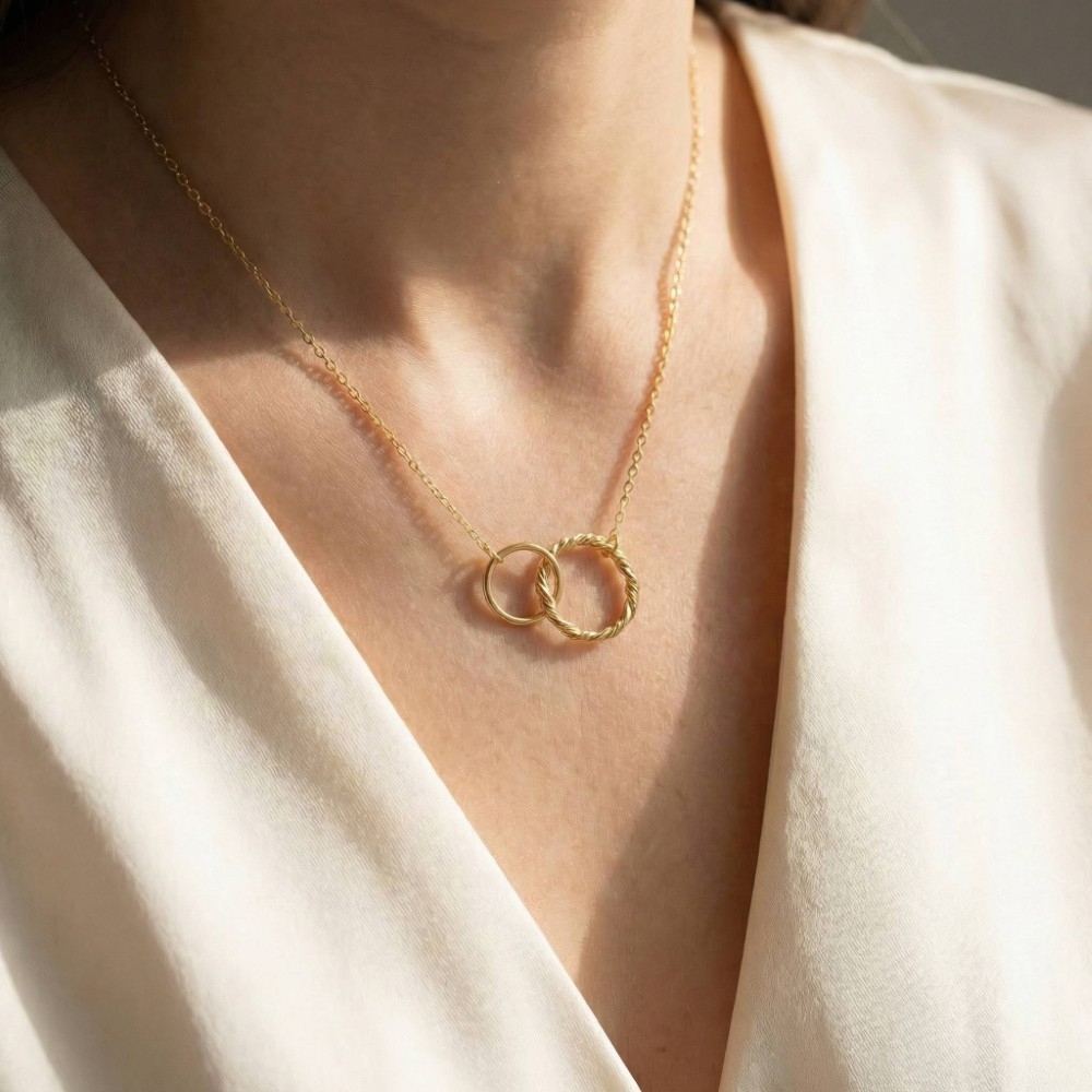 Gold Dipped Double Circle Chain Link Charm Necklace