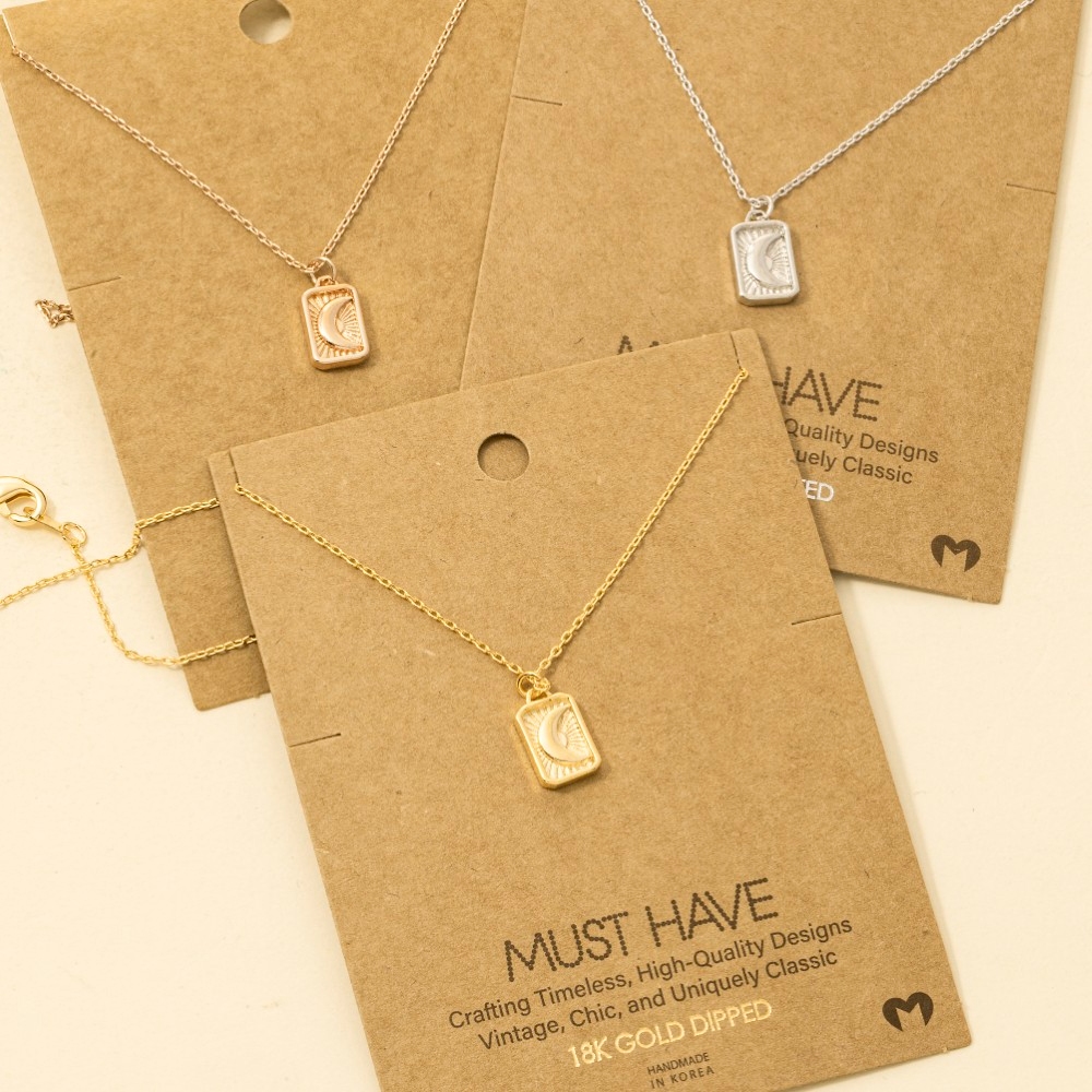 Crescent Moon Rectangle Pendant Necklace