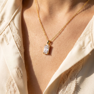 18K Gold Dipped Baguette Cut Glass Pendant Necklace