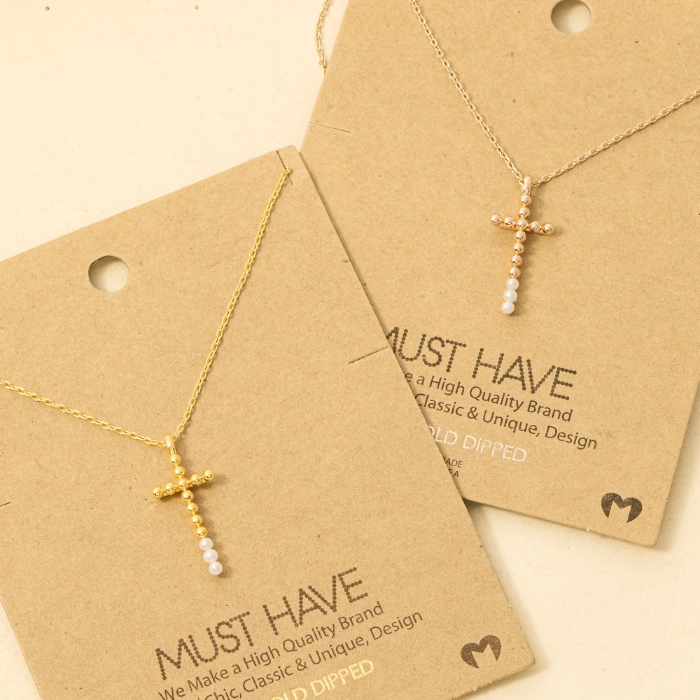 Gold Dipped Beaded Cross Pendant Necklace