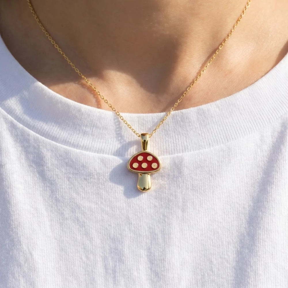 Gold Dipped Red Mushroom Pendant Dainty Necklace
