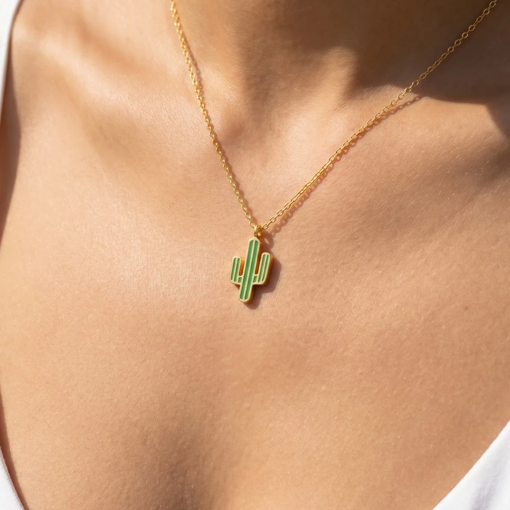Gold Dipped Enamel Cactus Pendant Necklace