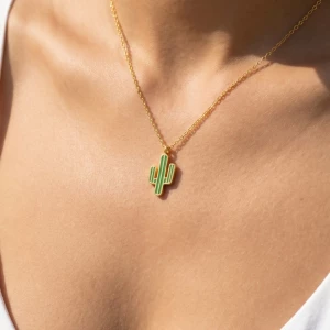 Gold Dipped Enamel Cactus Pendant Necklace