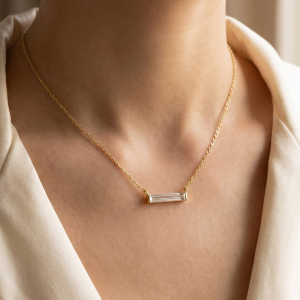 Gold Dipped Rhinestone Bar Pendant Necklace