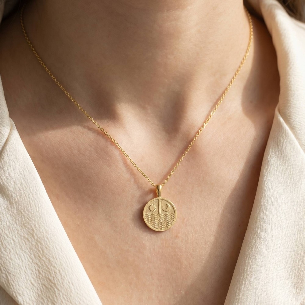 Gold Dipped Sun Moon Round Coin Pendant Necklace