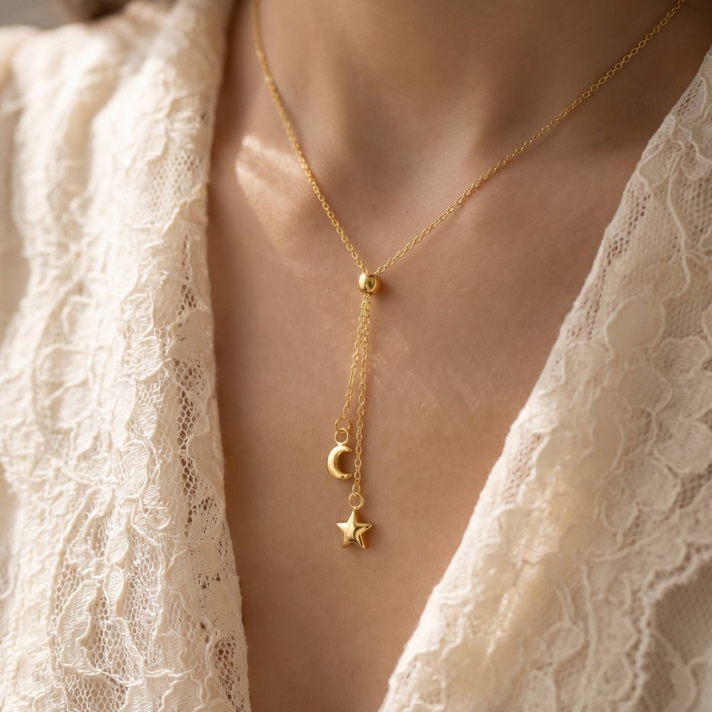 Gold Dipped Mini Moon And Star Lariat Y Necklace