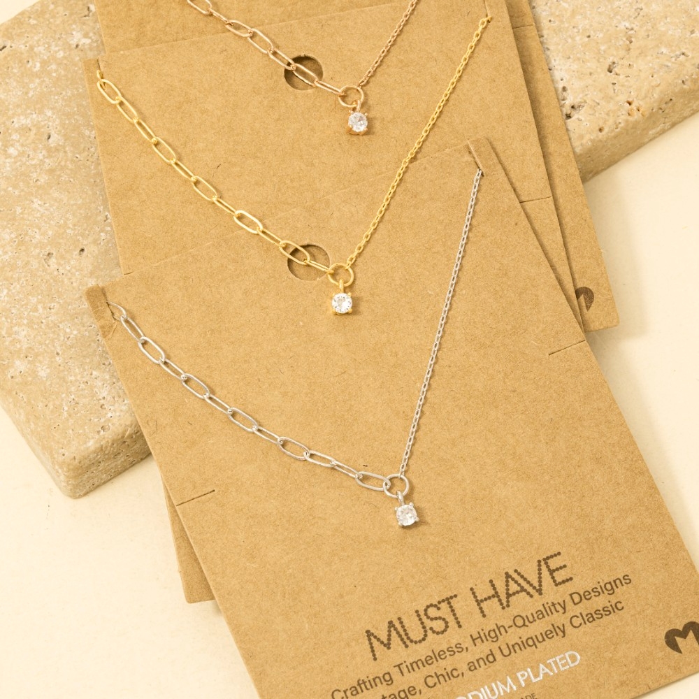Chain Link Rhinestone Stud Charm Necklace