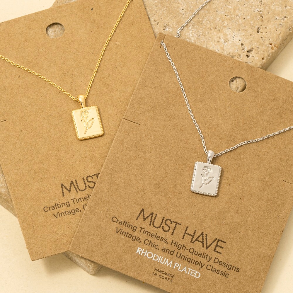 Gold Dipped Flower Print Square Pendant Necklace