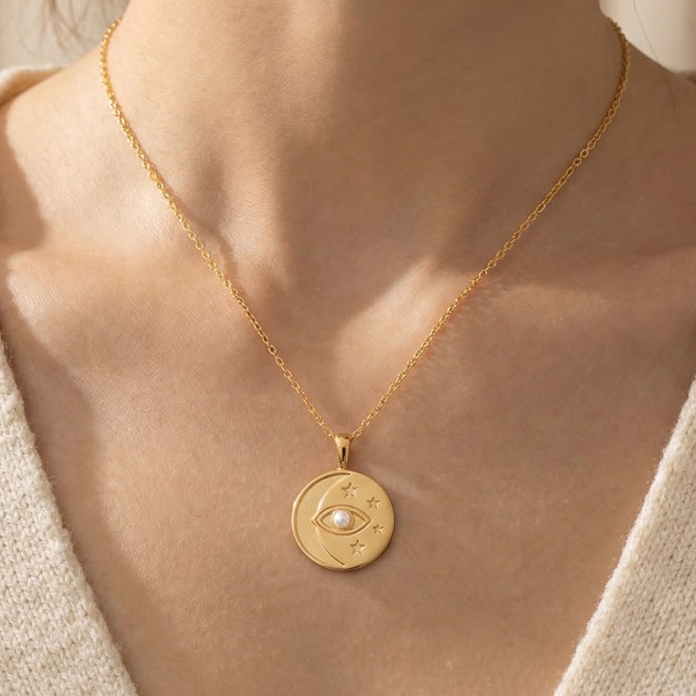 Moon Evil Eye Coin Pendant Necklace